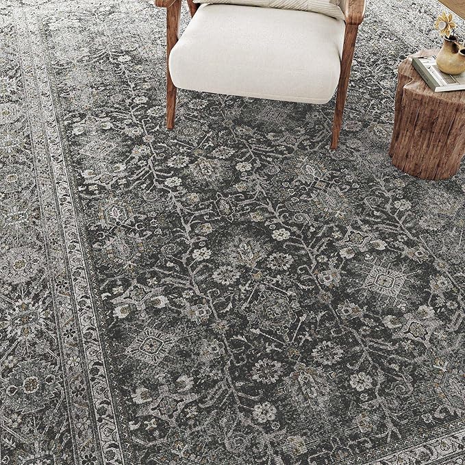 PureCozy Vintage Area Rug 8x10 Black Washable Living Room Large Carpet Non Slip Bedroom Indoor Office Low Pile Traditional Distressed Retro Accent Rug for Dining Room