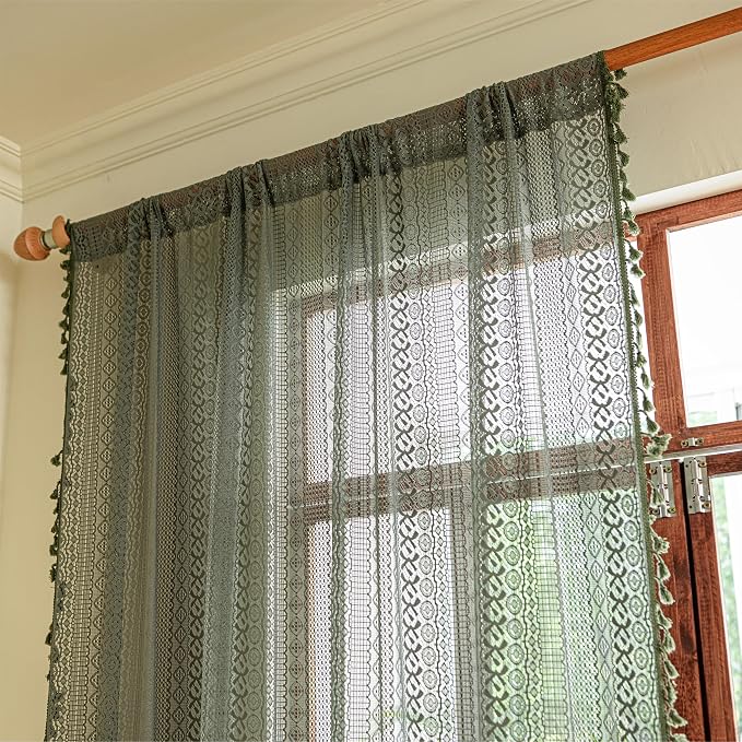 Sutuo Home Olive Green Boho Curtains 96 inches Long for Living Room Bedroom,Crochet Lace Sheer Bohemian Hollow Knitted Handmade Tassels, Vintage Farmhouse Xmas Decor, 1 Panel 59" W x 96" L