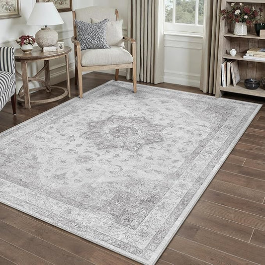 PureCozy Gray Area Rug 4x5 Washable Vintage Carpet Entryway Office Soft Retro Kitchen Low Pile Thin Door Mat Non Slip Grey Oriental Medallion Throw Small Rug for Bathroom Bedroom Dining Living Room