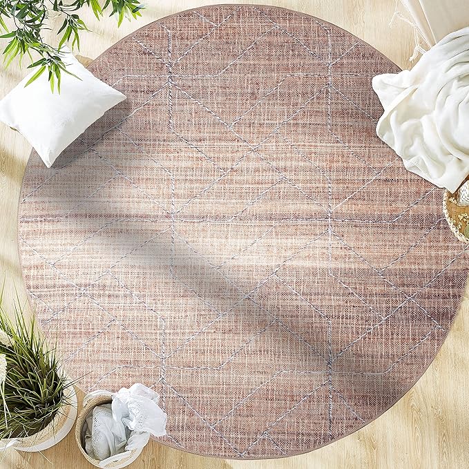 GLN Rugs Contemporary Collection - Machine Washable Area Rug, Contemporary Washable, Non Slip, Low Pile Chenille Rug, Living Room, Bedroom, Kitchen Rug (5'3" Round Terra/Brown)