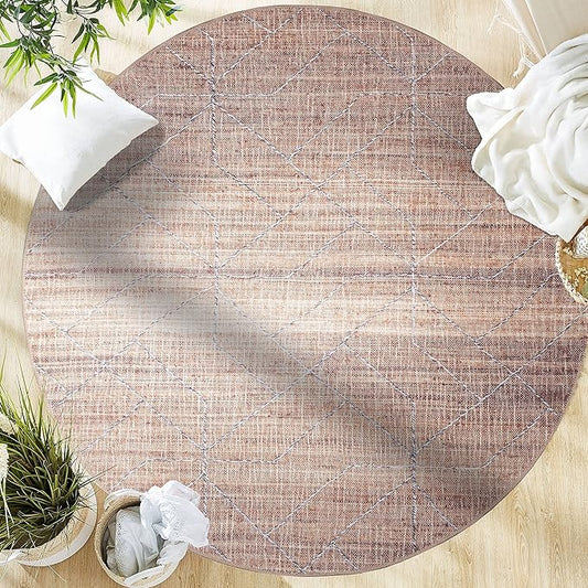 GLN Rugs Contemporary Collection - Machine Washable Area Rug, Contemporary Washable, Non Slip, Low Pile Chenille Rug, Living Room, Bedroom, Kitchen Rug (5'3" Round Terra/Brown)