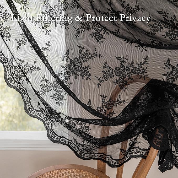 MEETSKY Black Lace Curtains 63 Inch Length 2 Panels Set Victorian Vintage Gothic Sheer Light Filtering Rod Pocket Drapes for Halloween Decor, 50" Wide Each Panel