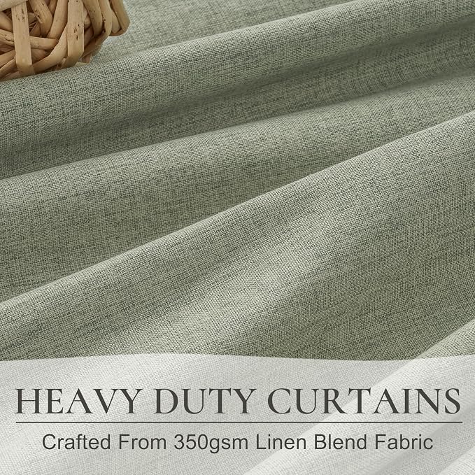 Sage Green Blackout Linen Curtains 102 Inches Long for Living Room Bedroom, Pleated Window Track Curtain with Pin Hooks Belt Boho Light Green Drapes Thermal Insulated (50"Wx102"Lx2Panels) Back Tab