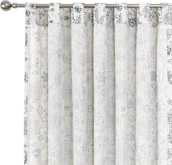 Vision Home Blue Floral Linen Curtains Back Tabs Rod Pocket Semi Sheer Farmhouse Window Curtains for Bedroom Living Room Light Filtering Drapes 63 inch Blue on Beige 2 Panels,54" Wx63 L