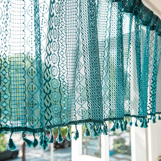 Sutuo Home Boho Valance Tier Curtains Crochet Lace Sheer Bohemian Hollow Knitted with Tassels, Privacy Vintage Rustic Farmhouse Drapes for Kitchen, Rod Pocket 1 Panel 59" W x 36" L, Turquoise