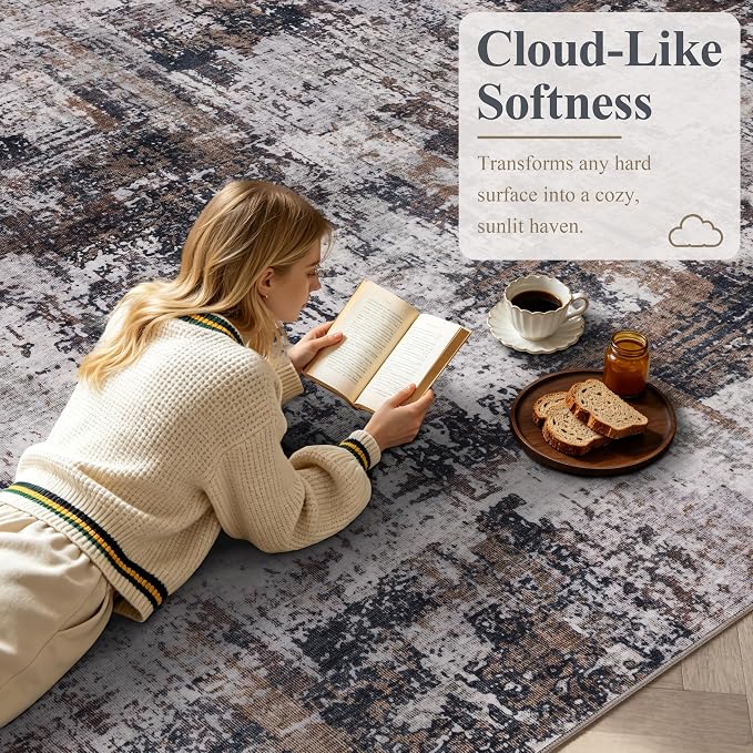 Sasttie 8ft Soft Round Area Rug, Modern Abstract Washable Large Circle Carpet for Living Room, Bedroom, Dining Room Table, with Non-Slip Backing, Black and Brown