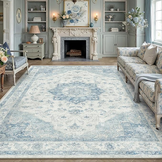 PureCozy Blue Area Rug 8x10 Washable Vintage Carpet for Living Room Bedroom Large Soft Retro Low Pile Thin Indoor Rug Non Slip Oriental Medallion Floor Cover for Dining Room Office