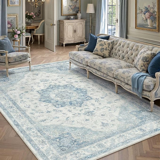 PureCozy Blue Area Rug 5x7 Washable Vintage Carpet for Living Room Office Soft Retro Low Pile Thin Indoor Rug Non Slip Oriental Medallion Floor Cover for Bedroom Dining Room