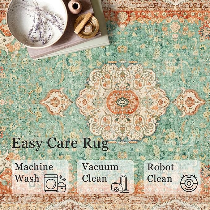 8x10 Area Rugs Washable,Boho Rug for Living Room Bedroom Dining Room,Large Vintage Bohemian Distressed Farmhouse Carpet Non Slip,Retro Orange Green Floral