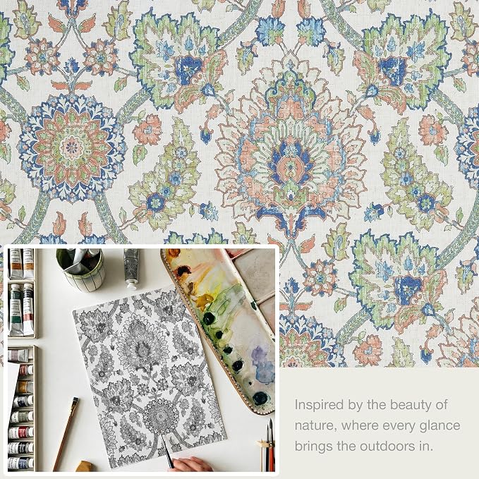 Vision Home Green Damask Floral Pinch Pleated Light Filtering Curtains, Linen Window Drapes with Microfiber Liner & Back Tab Hooks for Living Room Bedroom, Bohemian Medallion Print 40" Wx108 Lx2