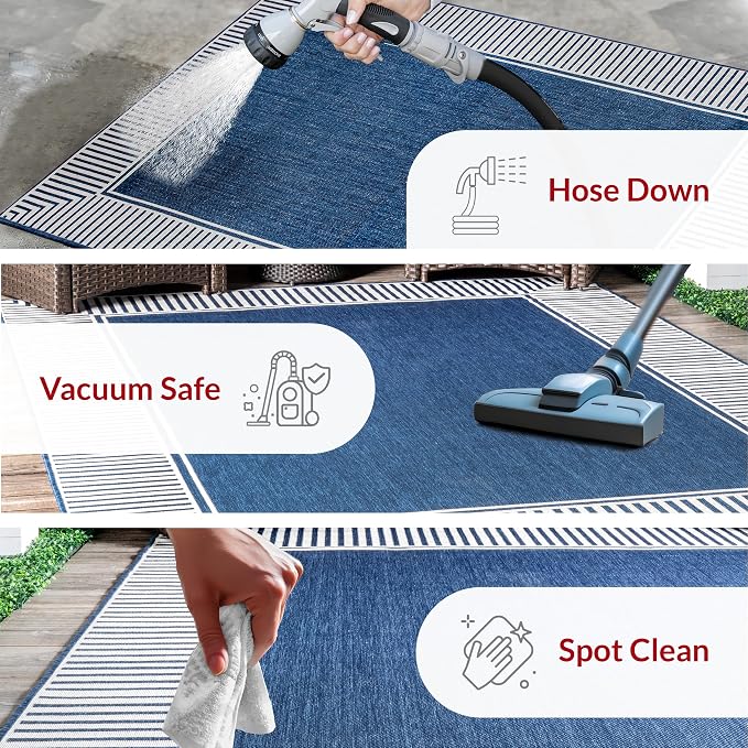 Nuloom Asha Navy/Ivory, 2' x 3', Casual, Striped Border, Soft and Cozy, High Traffic, Easy Clean, Durable Area Rug for Indoor/Outdoor Patio, Deck, Porch, Garden, Courtyard