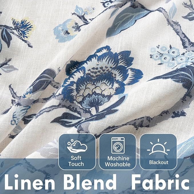 DriftAway Ada Floral Botanical Print Flower Leaf Lined Thermal Insulated Room Darkening Linen Blend 100% Blackout Back Tab Window Curtains 2 Layers Set of 2 Panels Each 52 Inch by 72 Inch Navy
