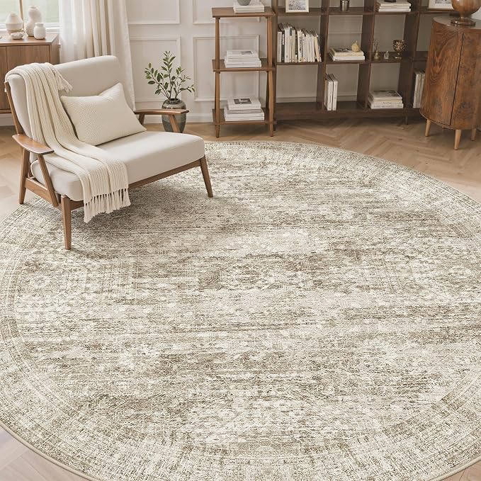 Soalmost 8ft Round Rug Brown/Ivory, Living Room Circle Rug Vintage Round Area Rug Non Slip Indoor Carpet for Apartment