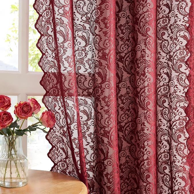 Bujasso Burgundy Red Lace Sheer Curtains for Bedroom Living Room, Victorian Floral Embroidered Wine Red Window Drapes with Scalloped Edge, Light Filtering&Privacy, Rod Pocket 2 Panels 52Wx102L Inches