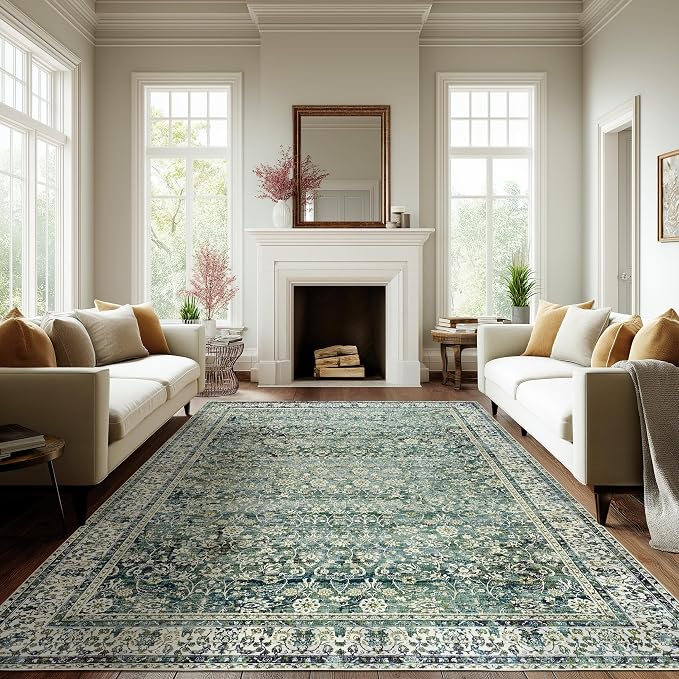 9x12 Area Rugs Dark Green Washable Rug for Living Room Big Bedroom Under Bed,Low Pile Soft Non Slip Floral Boho Vintage Extra Large Carpet for Dining Room Under Table,9 by 12,Blue and Green