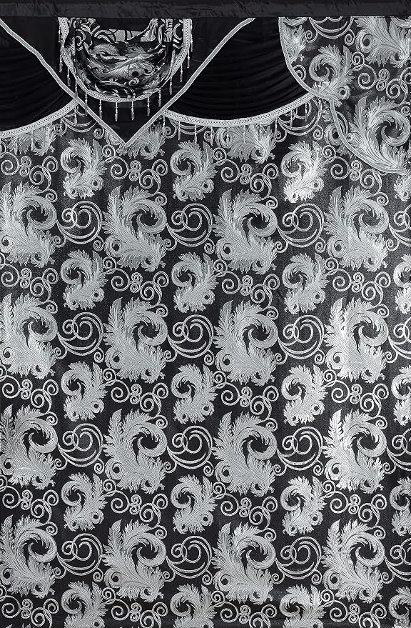 GLORY RUGS Jacquard Luxury Window 2 Panel Set Black Curtain with Attached Valance and Backing Bedroom Living Room Dining 2 Curtains 55x84 inches Each Jana