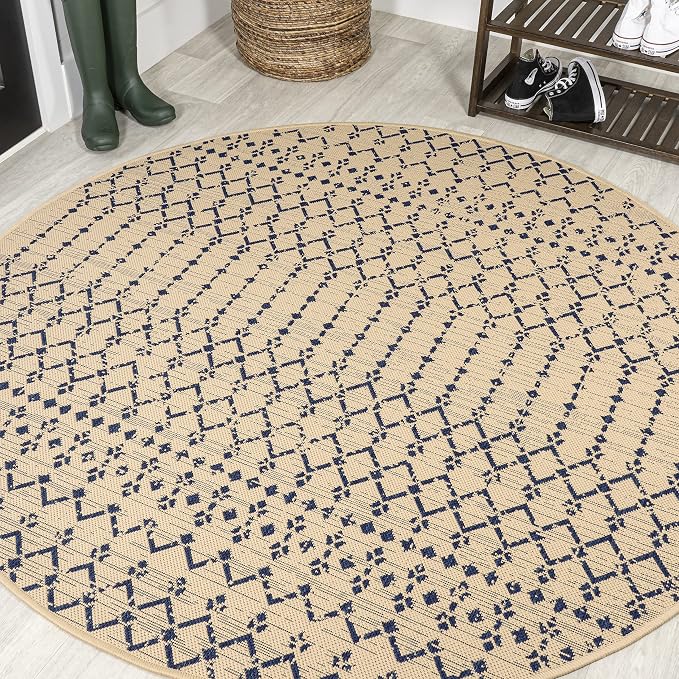 JONATHAN Y Moroccan Geometric Indoor Outdoor Round Area Rug 4 Ft Beige/Navy, Ourika Textured Weave for Backyard, Patio, Porch, Easy-Cleaning, High Traffic, Pet-Friendly, Non-Shedding (SMB108H-4R)