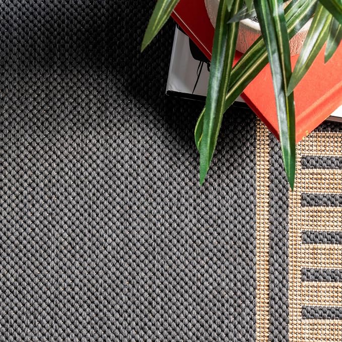 Nuloom Asha Dark Grey/Ivory, 8' Round, Casual, Striped Border, Soft and Cozy, High Traffic, Stain Resistant, Easy Clean, Durable Area Rug for Indoor/Outdoor Patio, Deck, Porch, Garden, Courtyard