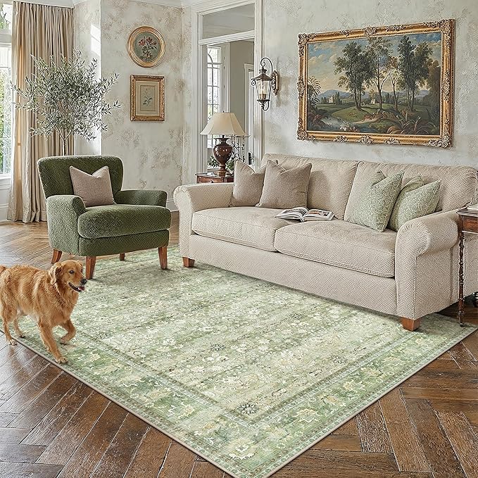HUGEAR 5x7 Machine Washable Rugs Light Green Hallway Area Rug Indoor Accent Rug Floral Low Pile Carpet Soft Throw Aesthetic Rug Bedroom Living Room Office Dining Room Kitchen Laundry Room Non Slip