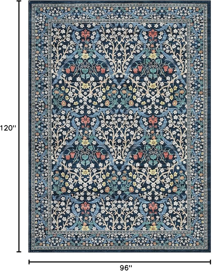 GarveeHome 8x10 Area Rugs, Washable Rugs for Living Room Non Slip Stain Resistant Ultra Soft Floral Rug, Boho Carpet Floor Mat for Bedroom Dining Room Nursery Playroom Office, Dark Blue