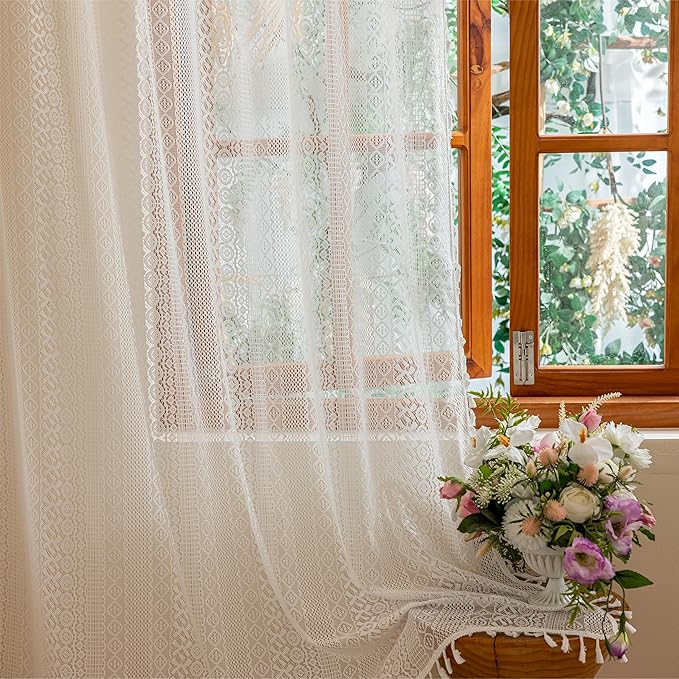 Sutuo Home White Boho Lace Curtains 2 Panels for Kitchen Living Room, Sheer Curtains Crochet Vintage Country Tassels Bohemian Ivory Privacy Window Treatments Rustic Geometry Rod Pocket, 50" x 63"