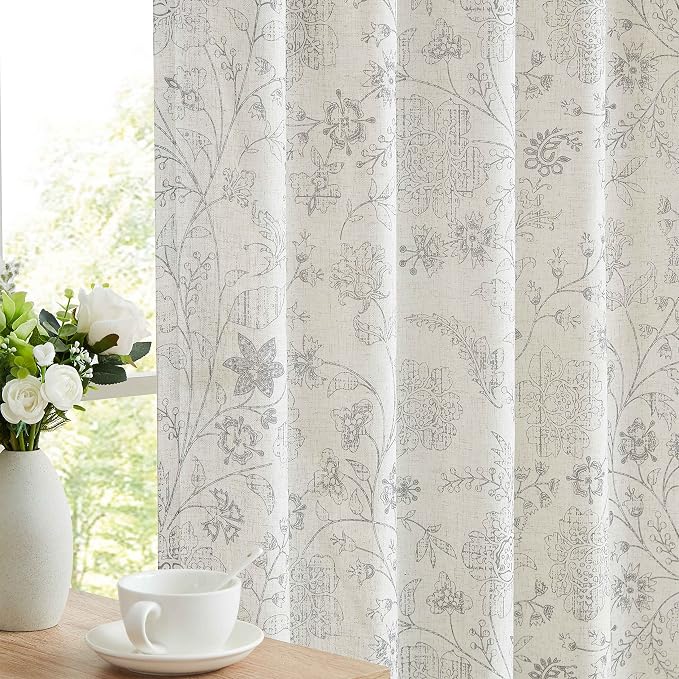 Vision Home Grey Floral Linen Curtains Back Tabs Rod Pocket Semi Sheer Farmhouse Window Curtains for Bedroom Living Room Light Filtering Drapes 63 inch Gray on Beige 2 Panels,54" Wx63 L