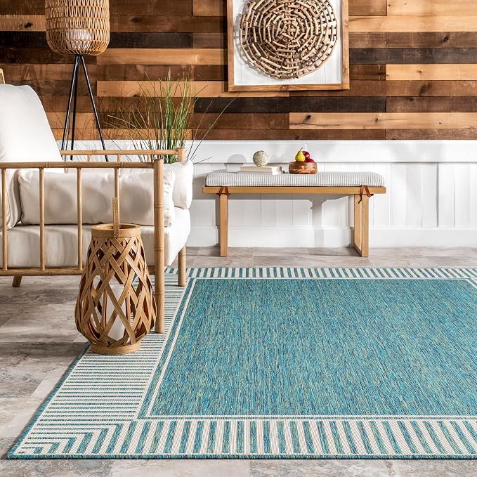 Nuloom Asha Teal/Ivory, 9'6" x 12', Casual, Striped Border, Soft and Cozy, High Traffic, Easy Clean, Durable Area Rug for Indoor/Outdoor Patio, Deck, Porch, Garden, Courtyard