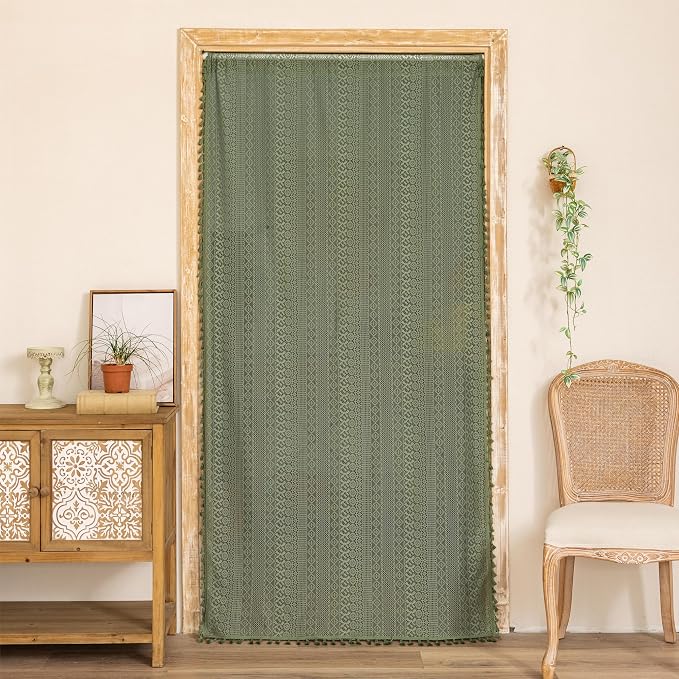 Sutuo Home Olive Green Boho Doorway Curtains for Doorway Closet, Lace Sheer Door Curtains for Front Door Crochet Vintage Tassels Bohemian Privacy Temporary Room Divider Rod Pocket,1 Panel 37" x 80"