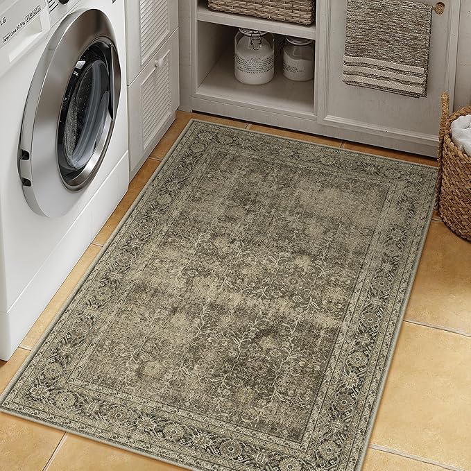 PureCozy Vintage Area Rug 4x6 Light Brown Bedroom Indoor Kitchen Washable Living Room Carpet Tribal Distressed Retro Accent Throw Rug for Office Dining Room Bathroom Faux Wool
