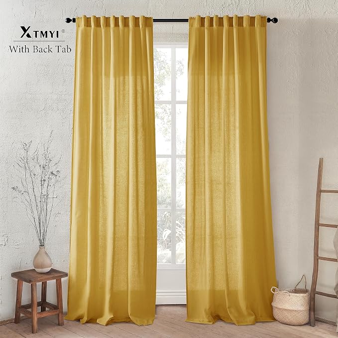 XTMYI Mustard Yellow Sheer Curtains 84 Inches Long for Spring Living Room 2 Panels Set Linen Textured Back Tab Pleated Gold Yellow Boho Retro Curtains for Bedroom Dining Room Kids Playroom,7ft Length