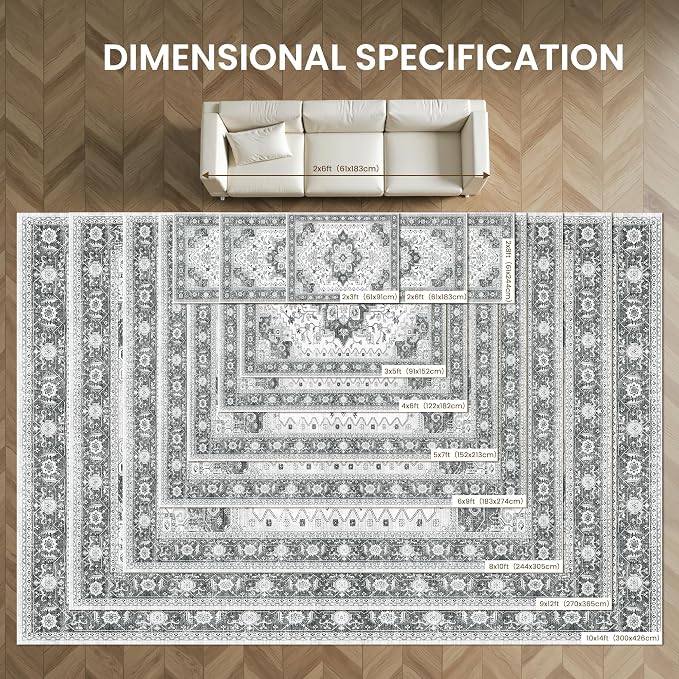 Living Room 10x14 Area Rugs, Washable Area Rug Stain Resistant Carpet Vintage Soft Rugs for Bedroom with Non Slip Backing Indoor Home Decor (10'x 14',Grey)