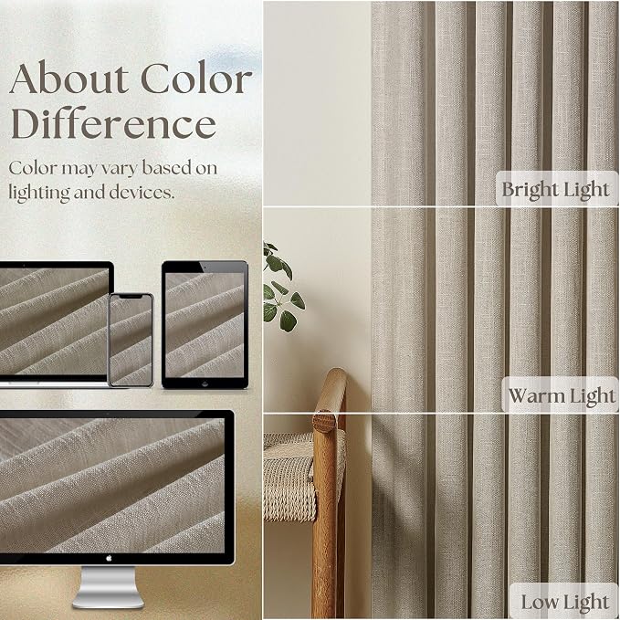 Pinch Pleated Linen Curtains 112 Inches Long for Living Room 2 Panels Set Greyish Beige Flax Double Pleated Drapes Back Tab Farmhouse Ceiling Floor 112 Inch Window Curtains Bedroom Burlywood Birch