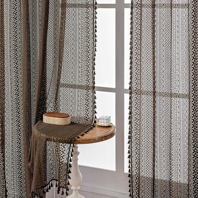 WAZZIO Boho Lace Curtains 84 Inches 2 Panel,Light Filtering Privacy Tassel & Geometry Crochet Semi Sheer Curtain Drapes for Bedroom Living Dining Room,Rod Pocket & Tassel,Chocolate Brown
