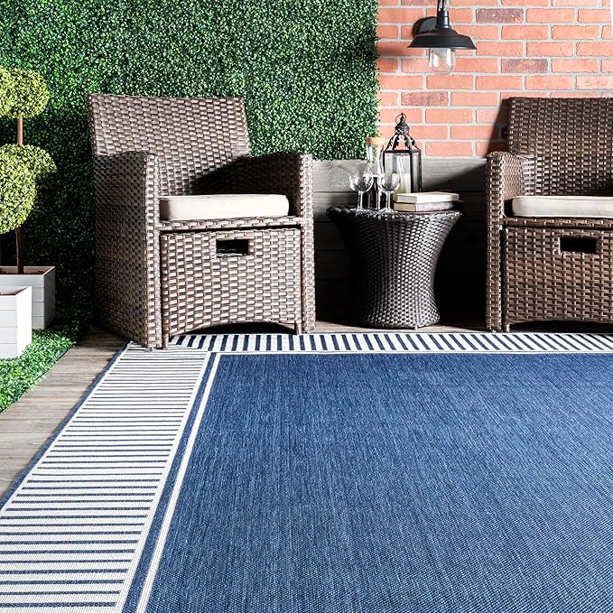 Nuloom Asha Navy/Ivory, 2' x 3', Casual, Striped Border, Soft and Cozy, High Traffic, Easy Clean, Durable Area Rug for Indoor/Outdoor Patio, Deck, Porch, Garden, Courtyard