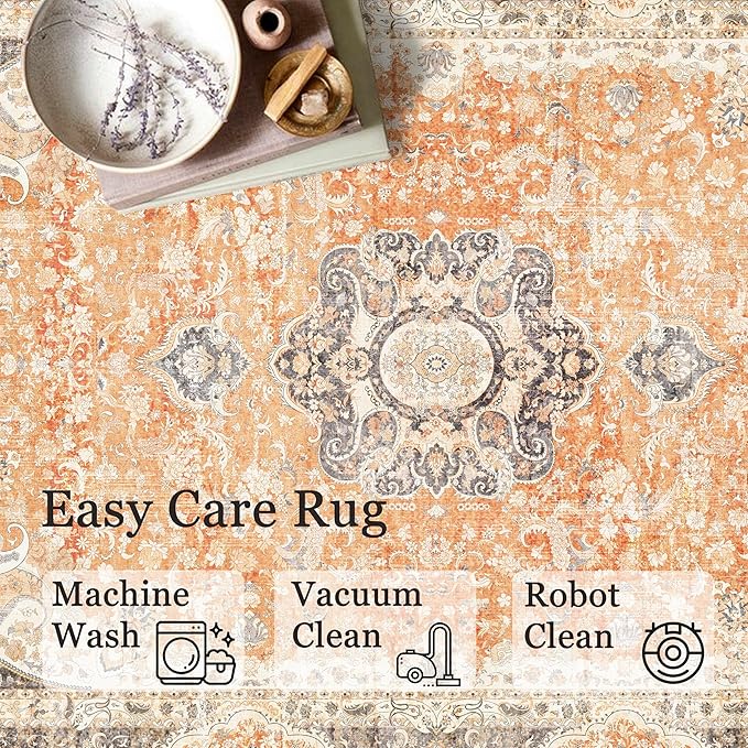 8x10 Area Rugs Washable,Boho Rug for Living Room Bedroom Dining Room,Large Vintage Bohemian Farnhouse Distressed Carpet Non Slip,Retro Orange Grey Floral