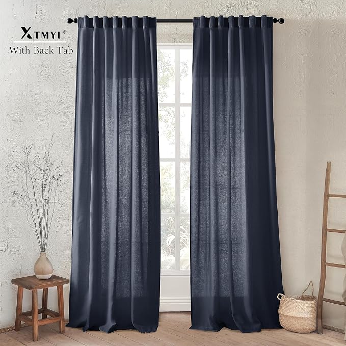 XTMYI Indigo Blue Curtains 108 Inches Long for Living Room 2 Panels Set Back Tab Hook Pleat Linen Extra Long Sheer Curtain Drapes for Dining Room,Total Wide 100 x 108 Inch Length,Dark Navy