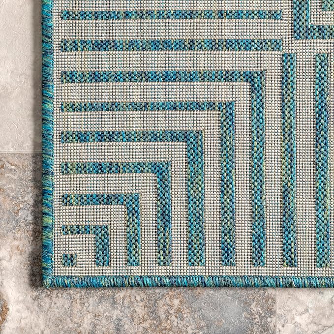 Nuloom Asha Teal/Ivory, 9'6" x 12', Casual, Striped Border, Soft and Cozy, High Traffic, Easy Clean, Durable Area Rug for Indoor/Outdoor Patio, Deck, Porch, Garden, Courtyard