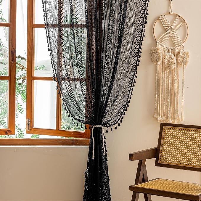 Sutuo Home Lace Boho Curtains 2 Panels for Kitchen Nursery, Semi Sheer Curtains Crochet Vintage Chic Tassels Bohemian Rustic Long Strips Privacy Window Treatments Geometry Rod Pocket, 50" x 63" Black
