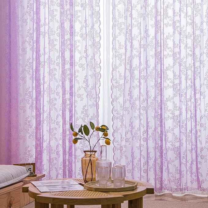 Sutuo Home Lace Curtains 2 Panels Set, Purple Sheer 72 Inch Long Window Floral Vintage Voile Window Panel Treatment for Bedroom/Living Room/Kitchen, Decor Rod Pocket W57 x L72