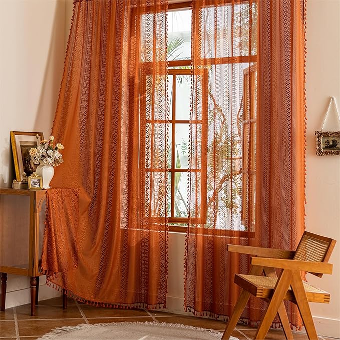 Sutuo Home Boho Lace Curtains 2 Panel Sets for Bedroom Living Room, Semi Sheer Curtains French Country Privacy Vintage Tassels Orange Victorian Style Rustic Decor Rod Pocket,50" x 96" Terracotta