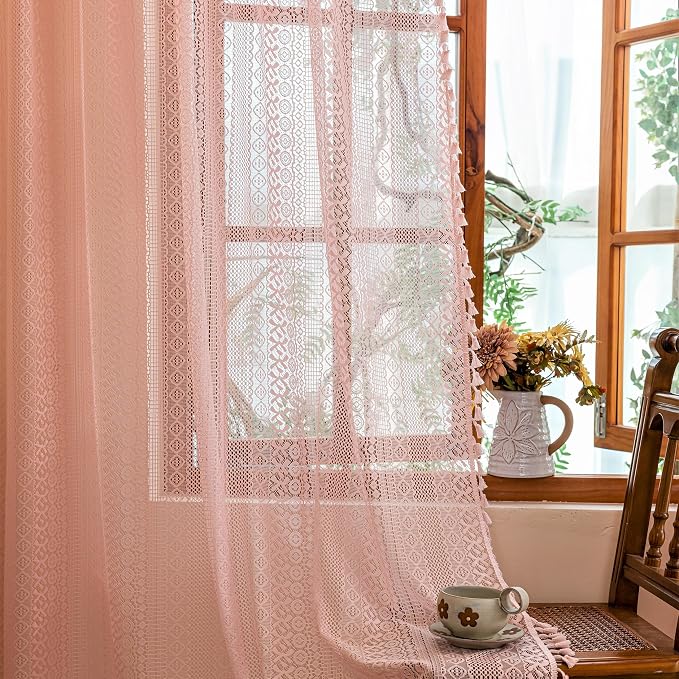 Sutuo Home Light Pink Lace Boho Curtains 84 inches Long for Bedroom Girls' Room, Window Sheer Curtains Bohemian Tassels Vintage Crochet Valentine Farmhouse Shabby Chic Drapes, Rod Pocket 1 Panel 59" W