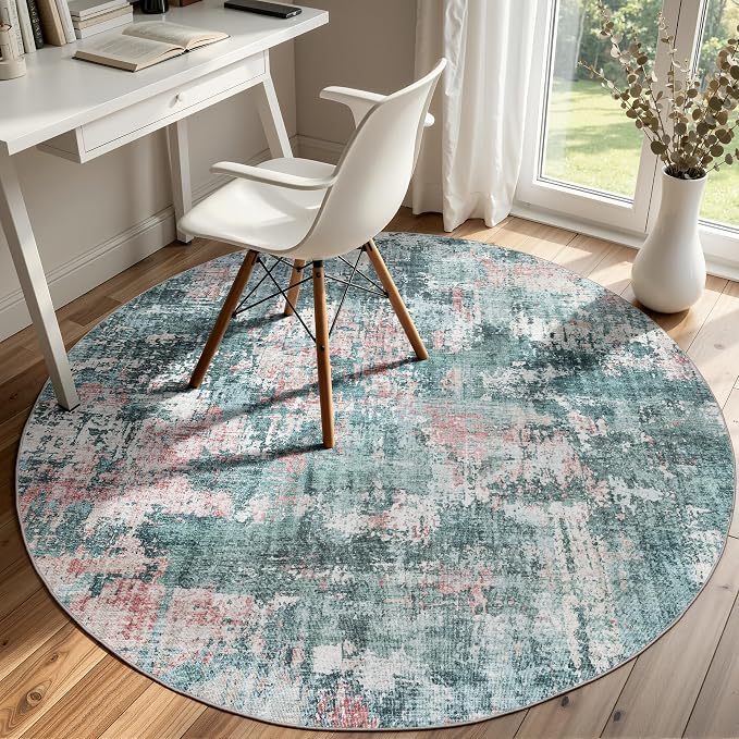 Sasttie 5ft Soft Round Area Rug, Modern Abstract Washable Circle Carpet for Living Room, Bedroom, Dining Room Table, with Non-Slip Backing, Pink and Green