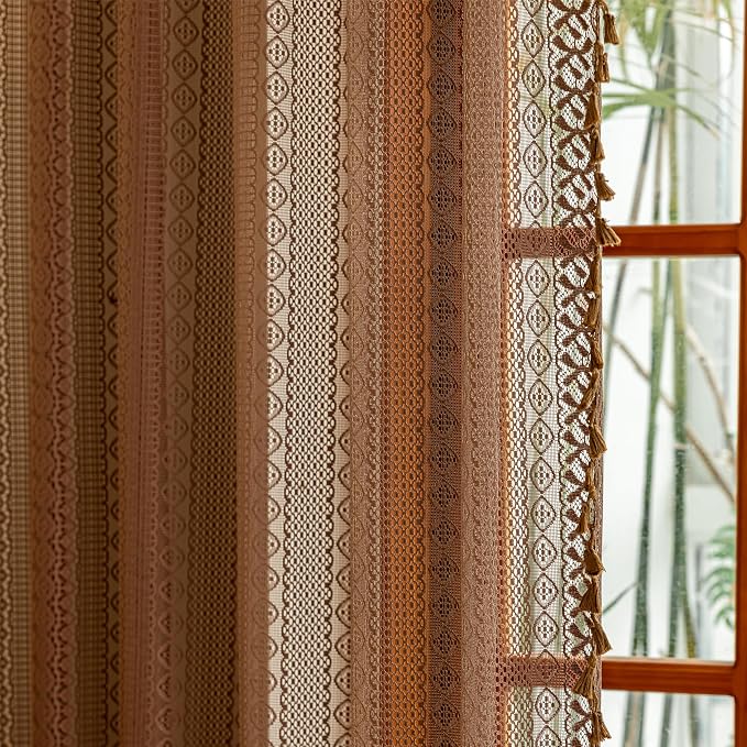 Sutuo Home Lace Sheer Boho Curtains for Bedroom Dining Room, Bohemian Crochet Vintage Chic Tassels French Country Window Curtains Drapes Caramel Decor, Rod Pocket 1 Panel 59" W x 96" L, Dark Coffee