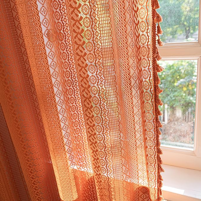 Sutuo Home Boho Curtains for Bedroom Kitchen Crochet Lace Sheer Bohemian Hollow Knitted with Tassels, Window Treatment Privacy Vintage Rustic Farmhouse Drapes, Rod Pocket 1 Panel 59" W x 63" L, Orange