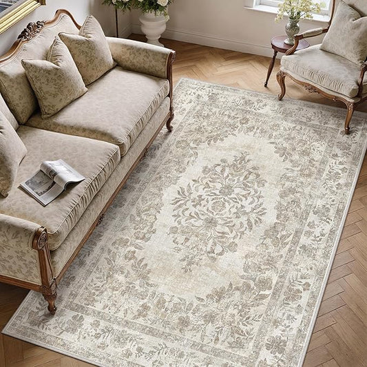 PureCozy 4x5 Area Rug Beige Washable Office Vintage Distressed Carpet Bedroom Indoor Neutral Medallion Floral Living Room Non Slip Retro Throw Floor Mat for Dining Room Kitchen Bathroom