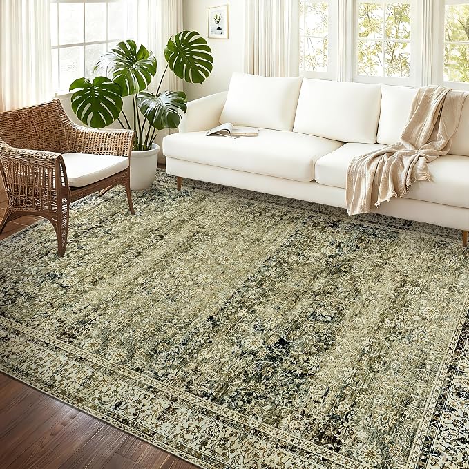 BILEEHOME Washable 6x9 Area Rugs for Bedroom Aesthetic,Cozy Soft Neutral Distressed Floral Dark Olive Green Decor Vintage Boho Rug for Living Room Bed Room Dining Room