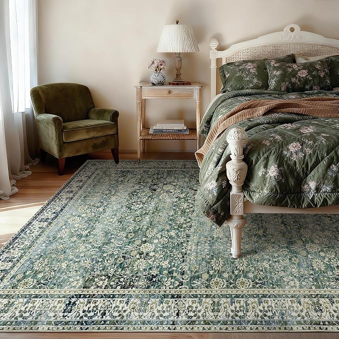 9x12 Area Rugs Dark Green Washable Rug for Living Room Big Bedroom Under Bed,Low Pile Soft Non Slip Floral Boho Vintage Extra Large Carpet for Dining Room Under Table,9 by 12,Blue and Green