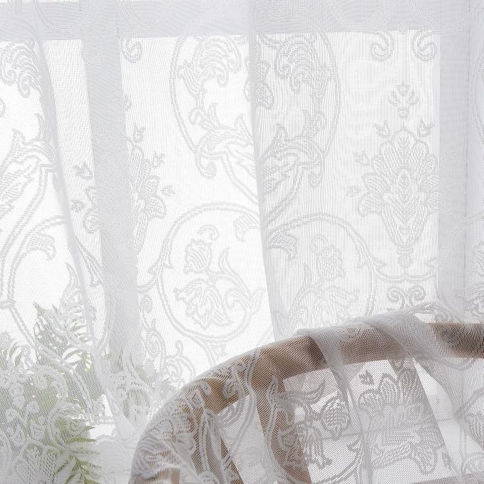 Treatmentex White Lace Curtains for Living-Room 84 inches, Sheer Lace Window Panels Victorian Vintage Floral Luxury Lace Sheer Window Drapery for Bedroom Kitchen 2 Panels Rod Pocket 54 W