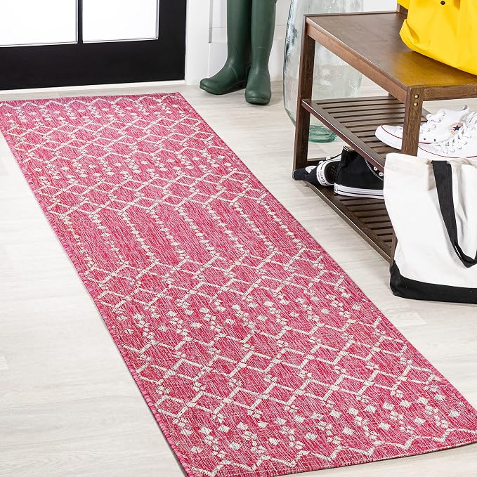 JONATHAN Y Moroccan Geometric Indoor Outdoor Runner Rug 2X10 Fuchsia/Light Gray, Ourika Textured Weave for Backyard, Patio, Porch, Easy-Cleaning, Pet-Friendly, Non-Shedding (SMB108Q-210)