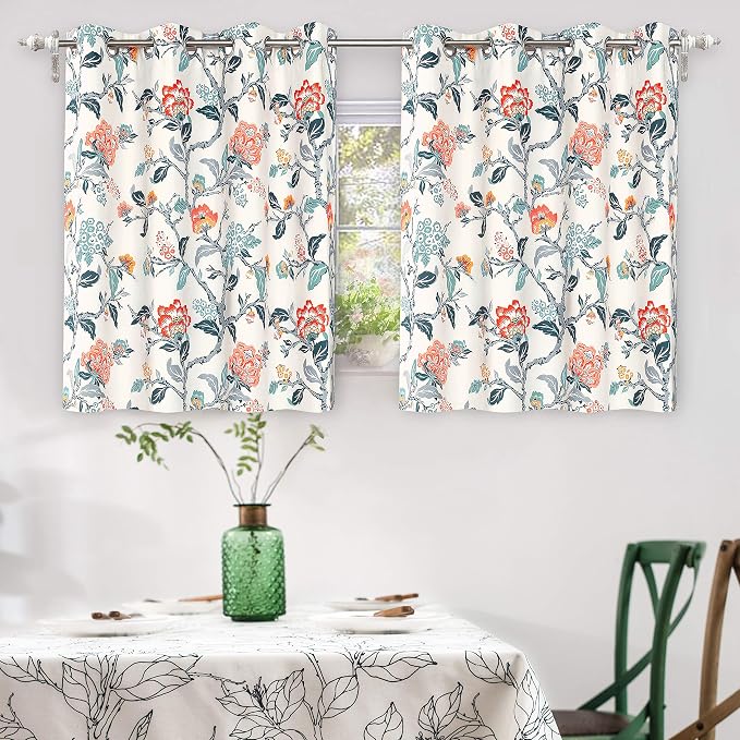 DriftAway Ada Floral Botanical Print Flower Leaf Lined Thermal Insulated Room Darkening Blackout Window Curtains 2 Layers Set of 2 Panels Each 52 Inch by 36 Inch Ivory Orange Teal